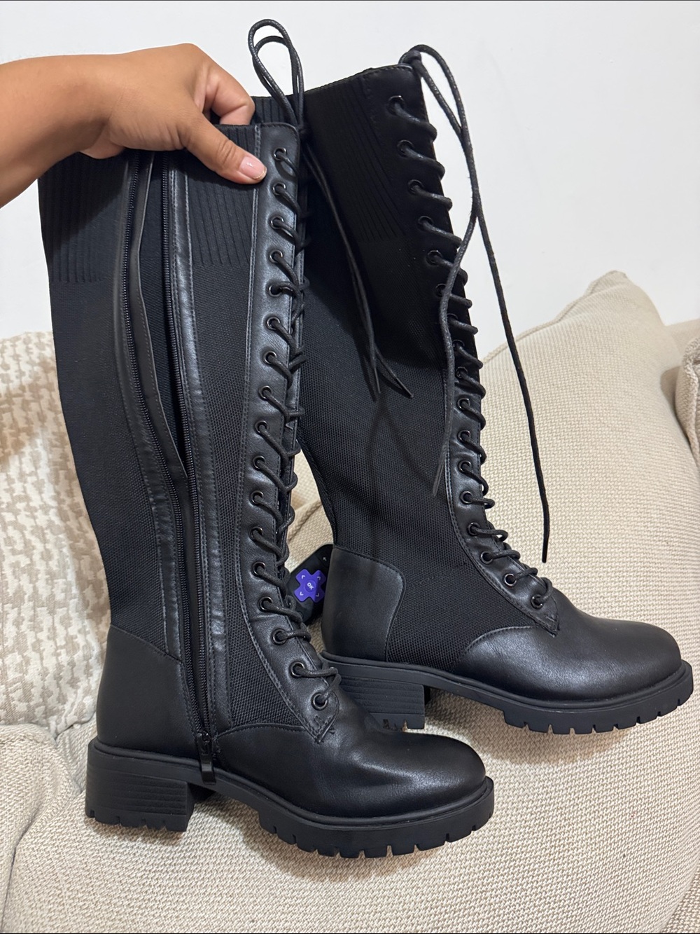 Women's Black Lace-Up Knee-High Combat Boots